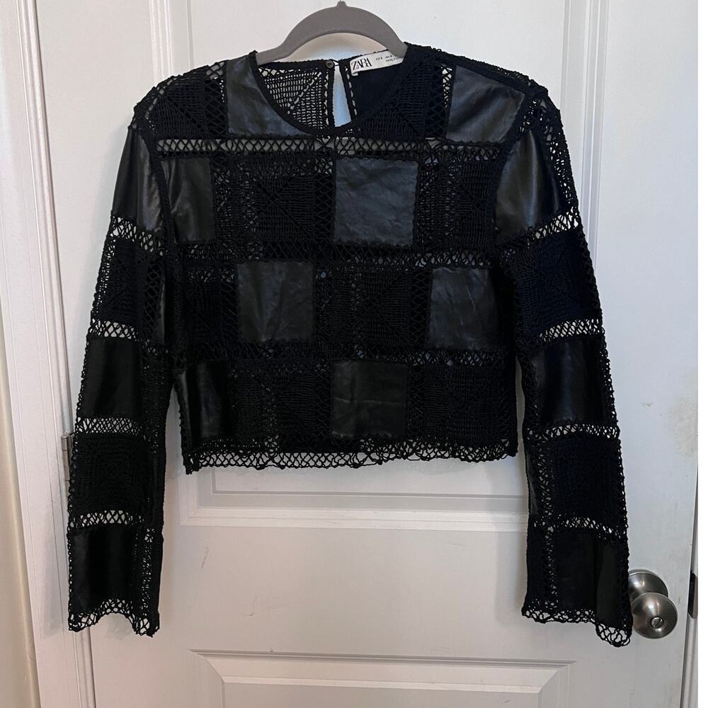 Zara Faux Leather patchwork Crochet Top S Black Bell Sleeve Bohemian Whimsigoth